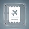 White Airline ticket icon isolated on grey background. Plane ticket. Square glass panels. Vector Illustration