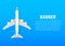 White airplane on a blue background in profile, banner, isolated. Vector stock illustration
