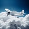 white airplane model with wispy clouds.