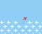 White airplanes group fly in one direction and only one red airplane fly in different way on blue sky background