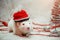 White albino cute rat on hat, fur background with New Year tree, silver ball, beads, symbol of year 2020, with copyspace