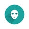 White Alien icon isolated with long shadow. Extraterrestrial alien face or head symbol. Green circle button. Vector