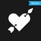 White Amour symbol with heart and arrow icon isolated on black background. Love sign. Valentines symbol. Vector
