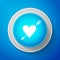 White Amour symbol with heart and arrow icon isolated on blue background. Love sign. Valentines symbol. Circle blue