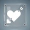 White Amour symbol with heart and arrow icon isolated on grey background. Love sign. Valentines symbol. Square glass panels.