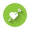 White Amour symbol with heart and arrow icon isolated with long shadow. Love sign. Valentines symbol. Green circle