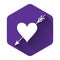 White Amour symbol with heart and arrow icon isolated with long shadow. Love sign. Valentines symbol. Purple hexagon