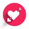 White Amour symbol with heart and arrow icon isolated with long shadow. Love sign. Valentines symbol. Red circle button