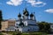 White ancient church with five green domes cupola in Yaroslavl golden ring of Russia