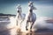 White Andalusian horses running beach
