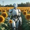 A white android robot stands among sunflowers.