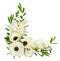 White anemones, eucalyptus leaves and freesia flowers in a corner arrangement