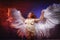 White angel on a dark background with colored lighting. The concept of war between good and evil. Girl with angel wings during a