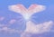 White angel flies in sky gradient, fluffy clouds, postmortal transition, concept of lightness, elevation, heavenly space, abode of