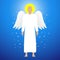 White angel with a round halo, and shimmering lights on a blue background, vector illustration.