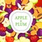 White apple sticker on ripe apple plum background. Vector card illustration. Delicious and juicy plums apples and label