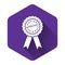 White Approved or certified medal badge with ribbons icon isolated with long shadow. Approved seal stamp sign. Purple