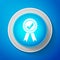 White Approved or certified medal with ribbons and check mark icon isolated on blue background. Circle blue button with