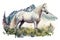 White Arabian horse on an alpine meadow, watercolor illustration. Generative AI