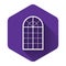 White Arched window icon isolated with long shadow. Purple hexagon button