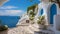 White architecture on Greece. Beautiful landscape with sea view. Generative AI