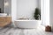 white architecture modern wood bathtub luxury beautiful home house bathroom interior. Generative AI.
