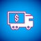 White Armored truck icon isolated on blue background. Vector