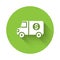 White Armored truck icon isolated with long shadow. Green circle button. Vector