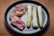 White asparagus with cooked ham