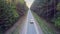 White auto drives along asphalt road in huge forest shadow