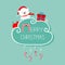 White baby bear, giftbox, snowflake, ball. Merry Christmas card. Hanging Candy Cane. Dash line with bow. Flat design. Blue backgro