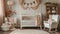 a white baby's nursery adorned with delicate pink and gold decor, showcasing a crib, rocking chair, storage boxes