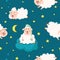 White baby sheep. Cartoon sheeps seamless pattern, children sweet lambs fabric print. Funny childish graphic, decorative