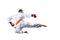 On a white background, an athlete beats a kick in a jump