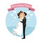 White background with color circular frame poster of newly married couple groom carrying to bride
