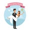 White background with color circular frame poster of newly married couple groom carrying to bride and her with bouquet