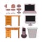 White background with color silhouette tech elements and office desk set