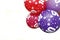 White background with colorful balloons with stars and the number 10, birthday balloons, red blue and purple, tenth anniversary