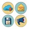 White background with colorful circles with marketing icons mail and floppy disk and megaphone and cloud upload