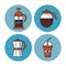 White background with colorful circular frames with icons of coffee as kettle and glass jar and disposable cup