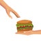 White background with colorful hands giving a hamburger fast food to other palm human