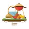White background of colorful poster of summer picnic with picnic basket and charcoal grill and dishes with fruits and