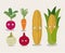 White background with colorful set of animated vegetables beet onion carrot and corn
