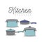 White background with colorful set of kitchen pots and pans with lids kitchen utensils