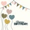 White background with decorative flags to party and decorative balloons in the shape of a heart with text happy birthday