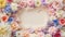 a white background, featuring a delicate frame adorned with roses and pearls, accented with pastel hues of pink, blue