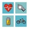 White background with frames of healthy lifestyle with heart pulse and battery and bicycle and whistle