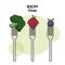 White background of healthy lifestyle with foods on cutlery forks broccoli grapes and blueberry