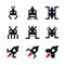 White background with icons space aliens and spatial rocket old arcade game