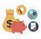 White background with piggy bank and money bag with elements investment in bubbles icons